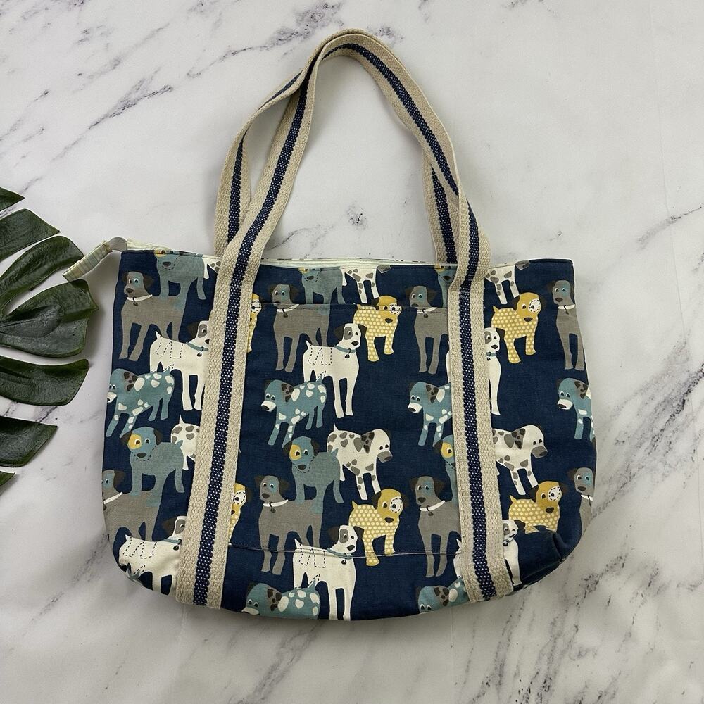 Turquoise Mountain Dog Print Canvas Tote Bag Blue White Handmade Zipper Top